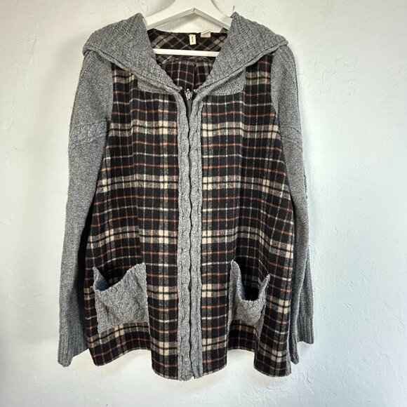 Anthropologie Moth Womens Derry Plaid Wool Blend Zip Hooded Jacket Large Gray - Picture 1 of 8